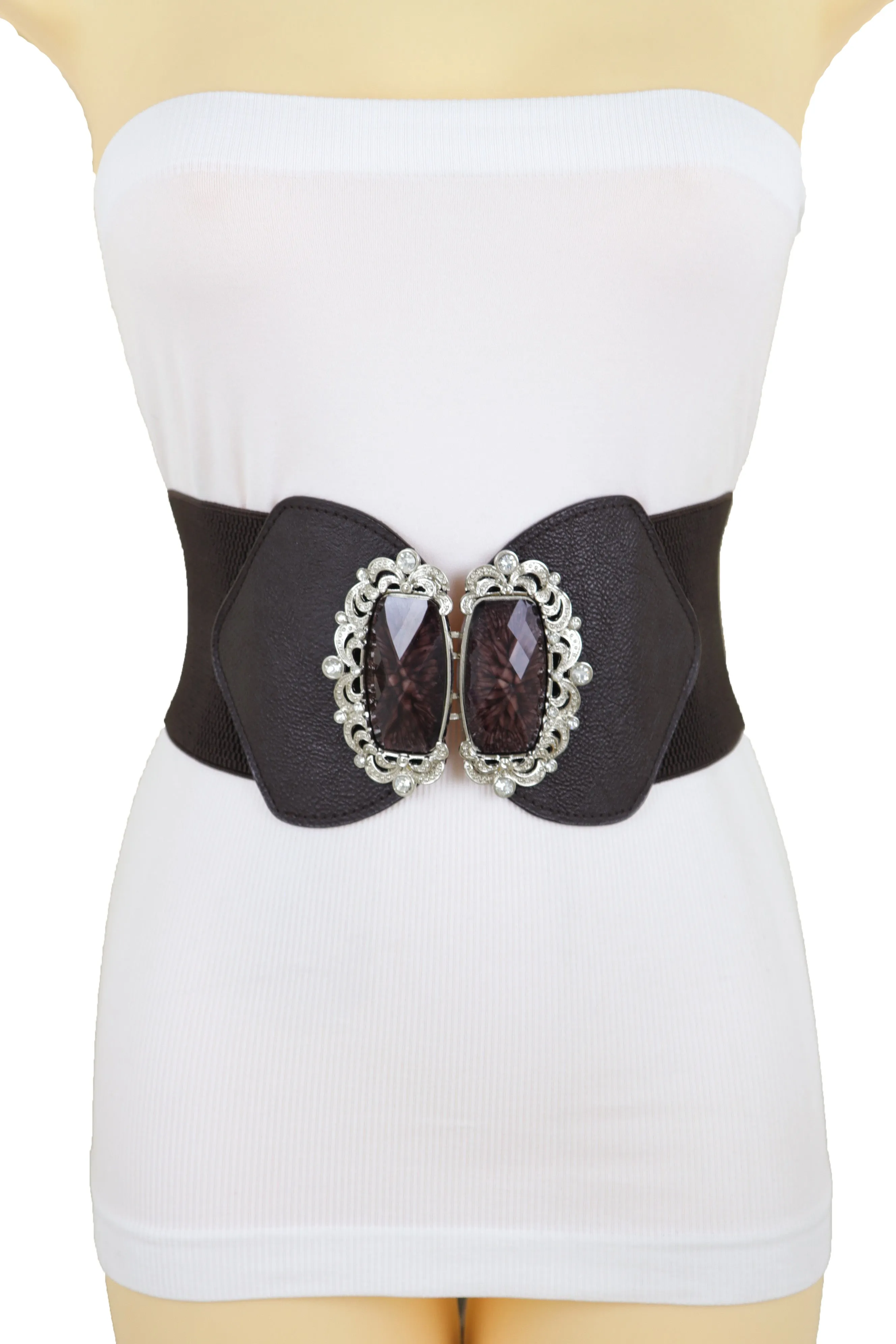 Brown Elastic Waistband Wide Belt Hip Waist Silver Bling Buckle Size S M