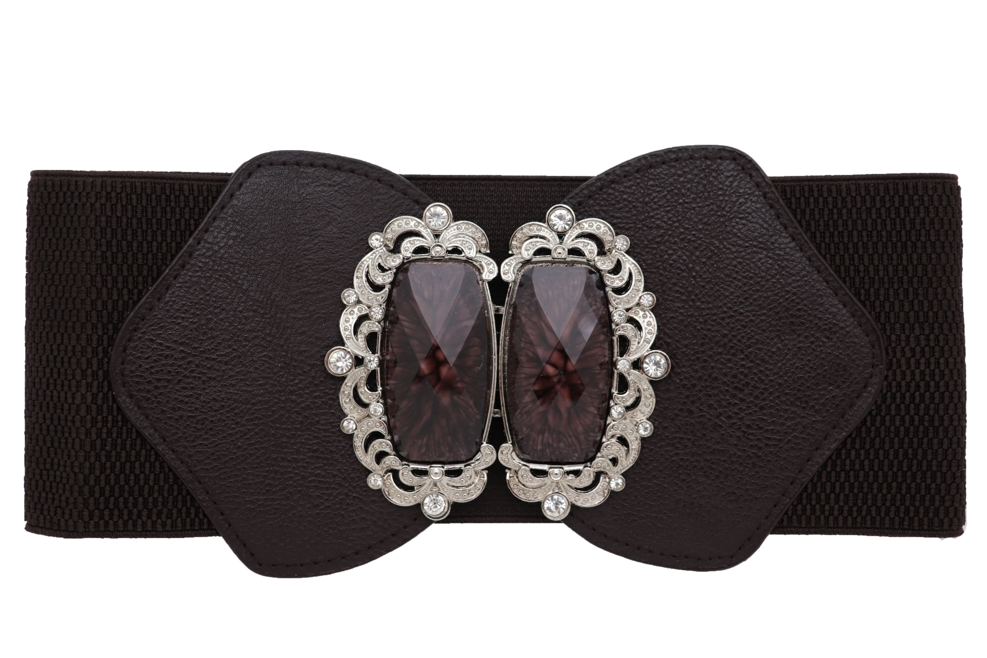 Brown Elastic Waistband Wide Belt Hip Waist Silver Bling Buckle Size S M
