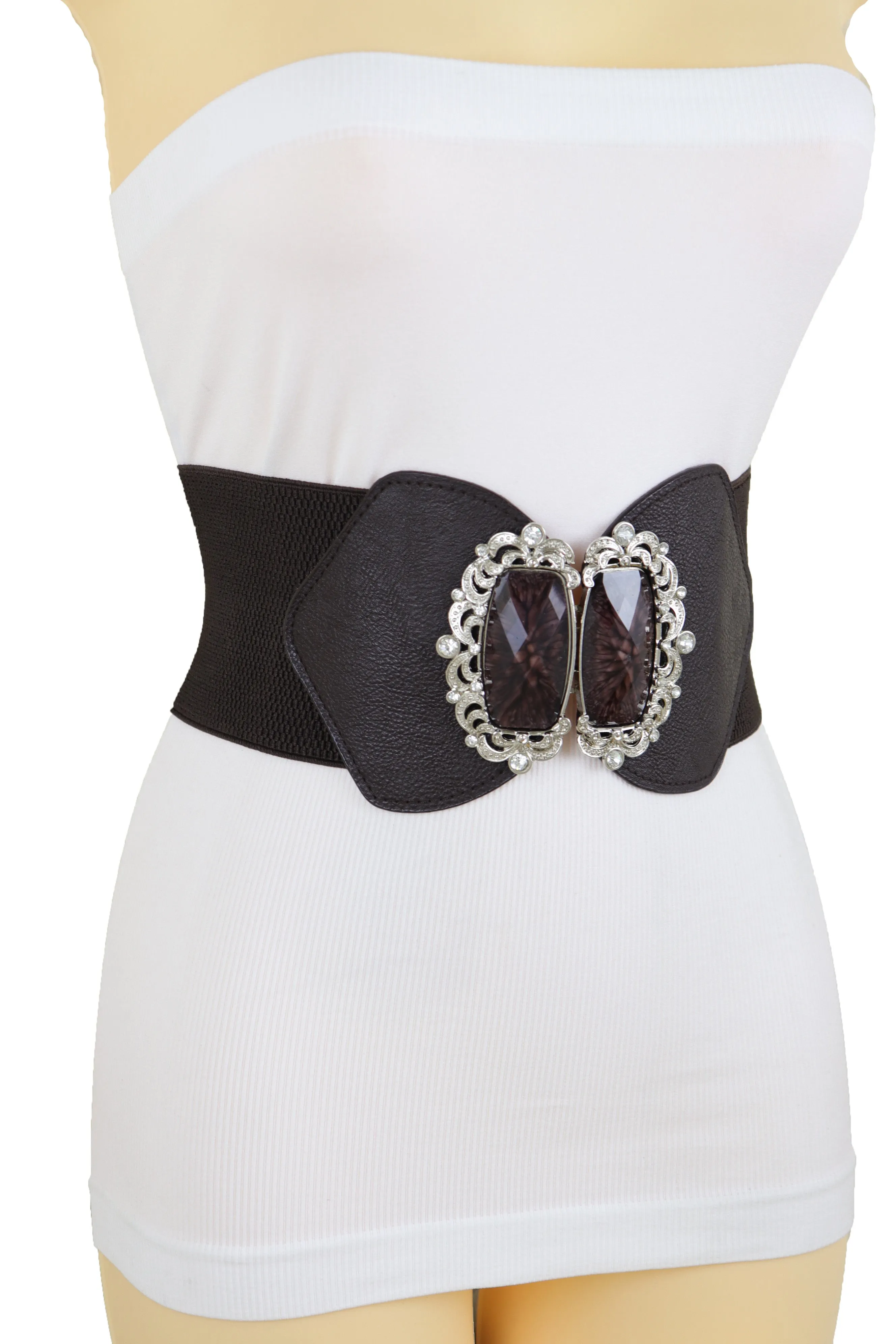 Brown Elastic Waistband Wide Belt Hip Waist Silver Bling Buckle Size S M