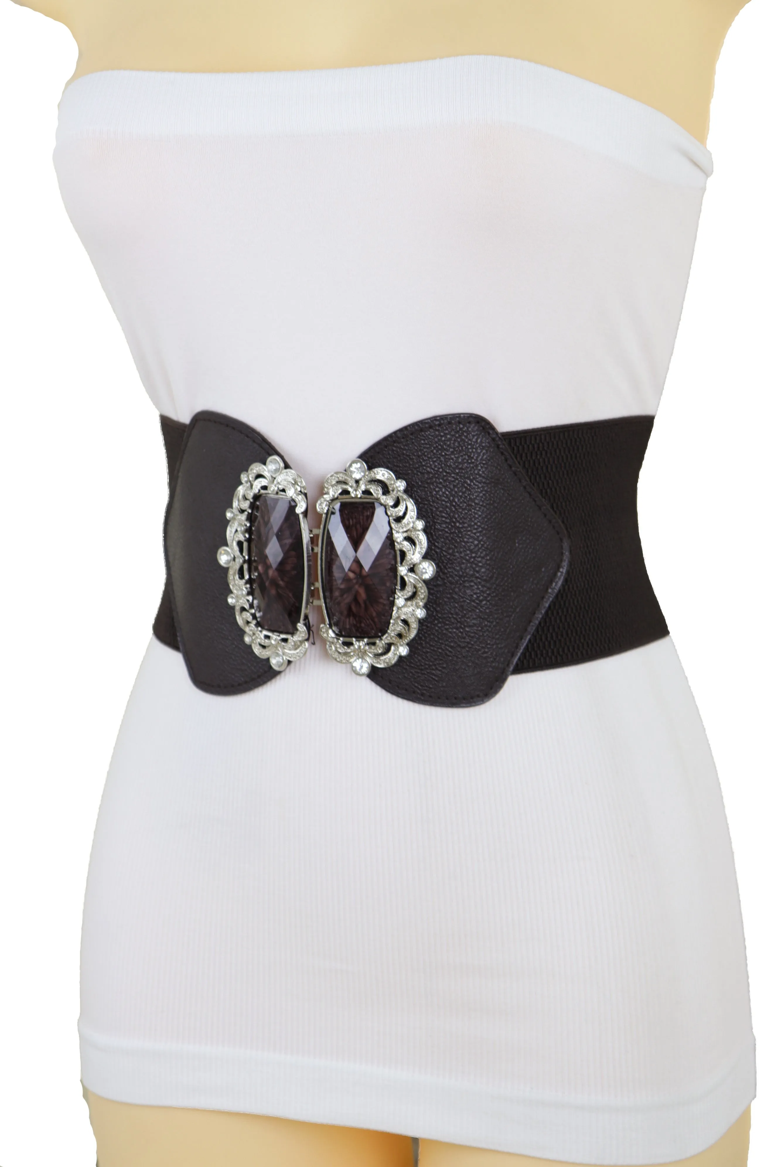 Brown Elastic Waistband Wide Belt Hip Waist Silver Bling Buckle Size S M