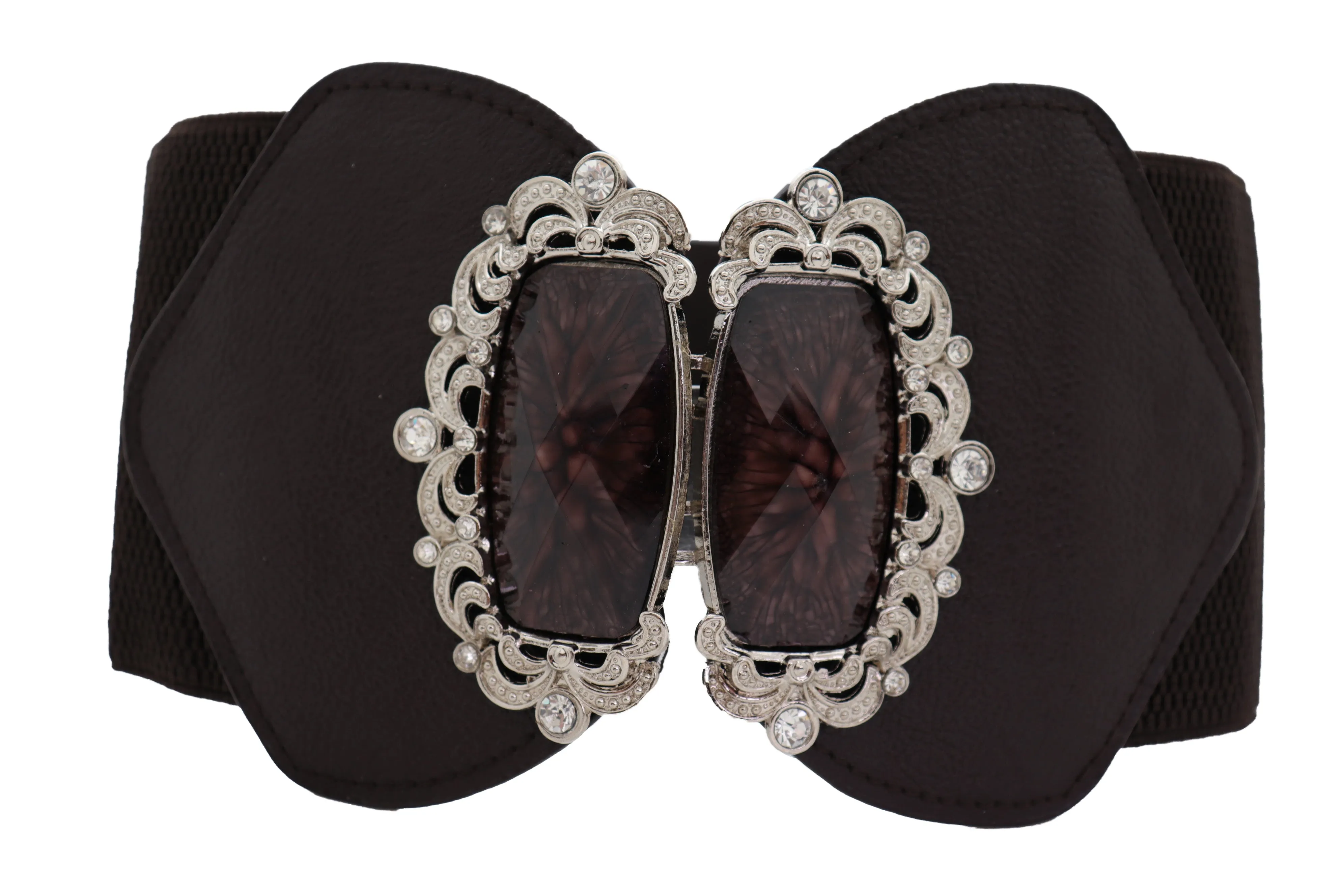 Brown Elastic Waistband Wide Belt Hip Waist Silver Bling Buckle Size S M