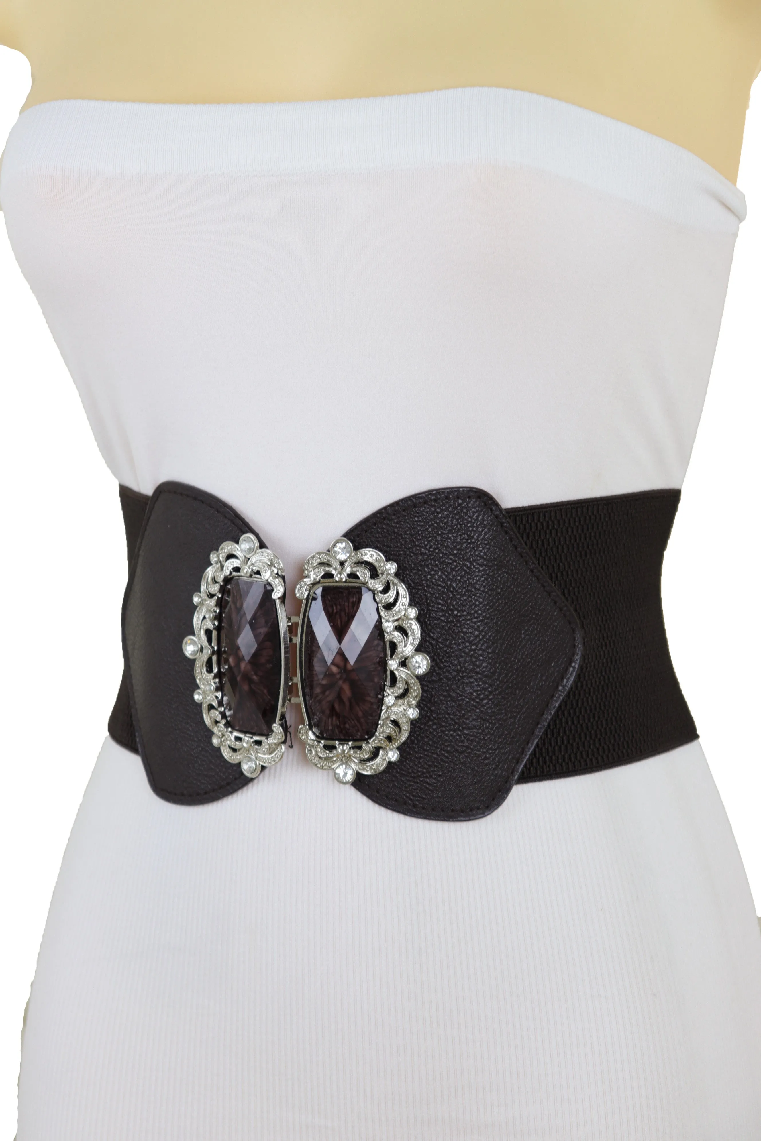 Brown Elastic Waistband Wide Belt Hip Waist Silver Bling Buckle Size S M