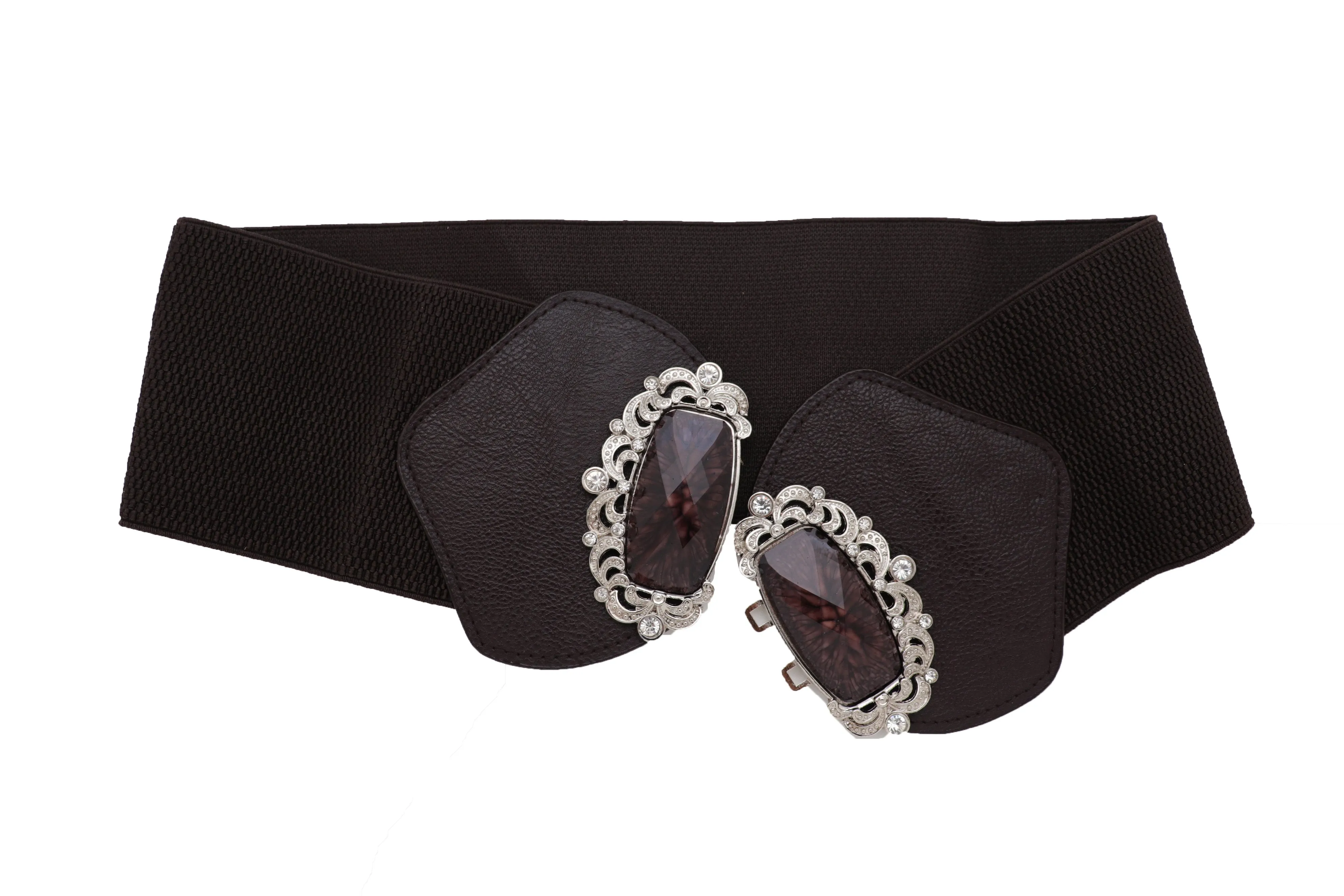 Brown Elastic Waistband Wide Belt Hip Waist Silver Bling Buckle Size S M