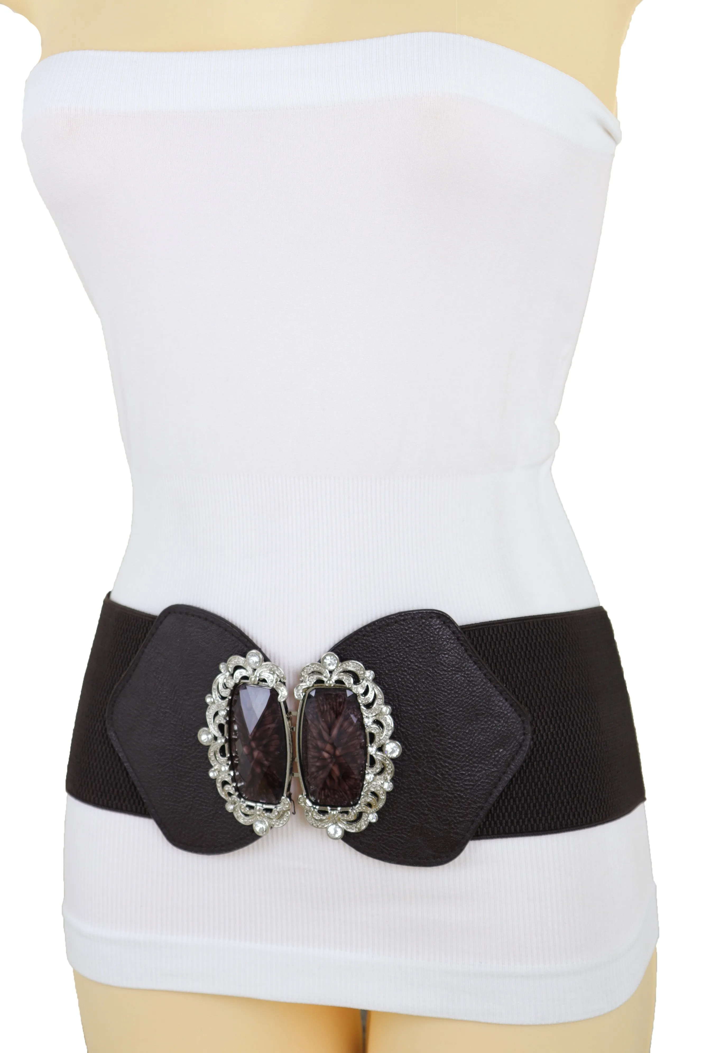 Brown Elastic Waistband Wide Belt Hip Waist Silver Bling Buckle Size S M