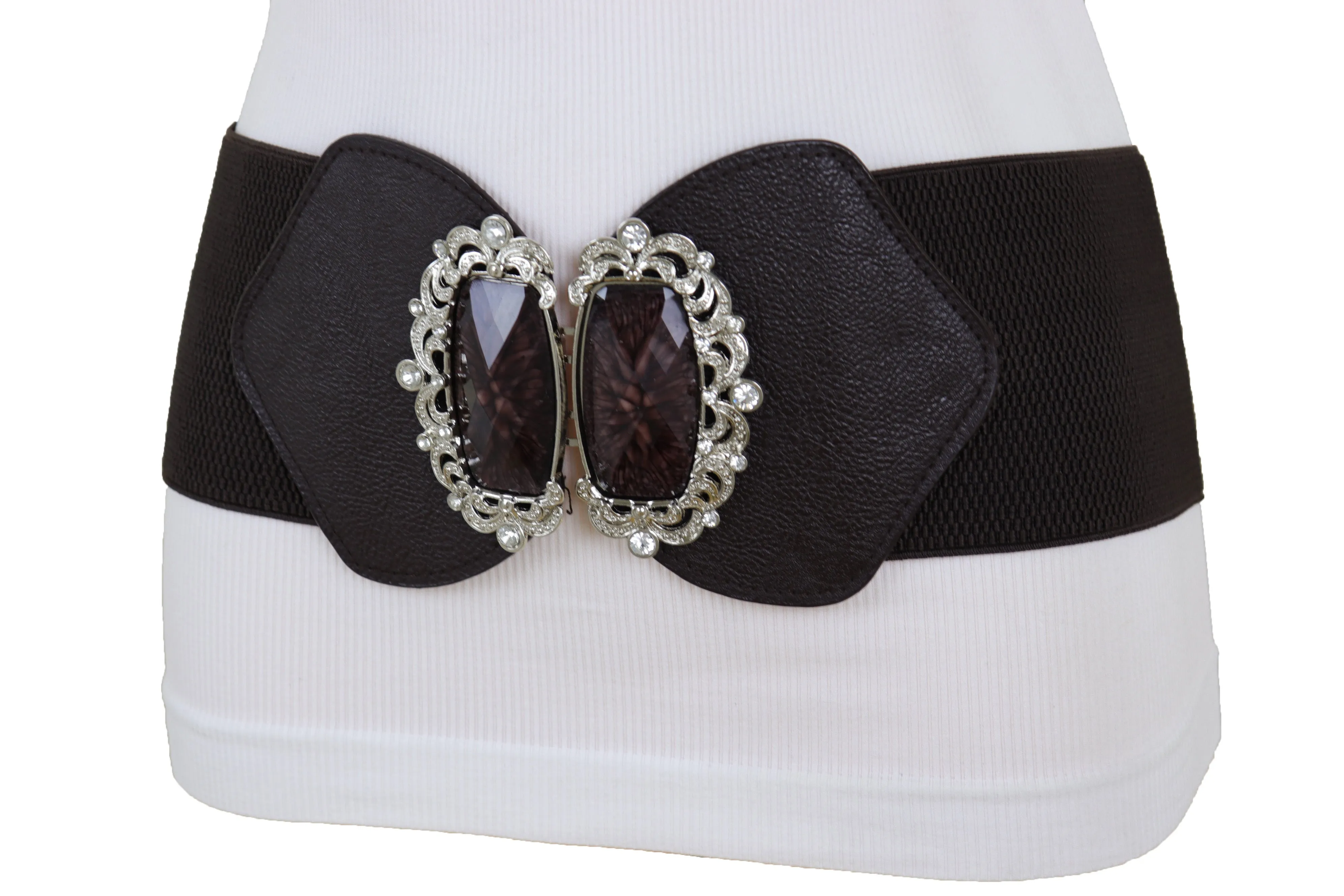 Brown Elastic Waistband Wide Belt Hip Waist Silver Bling Buckle Size S M