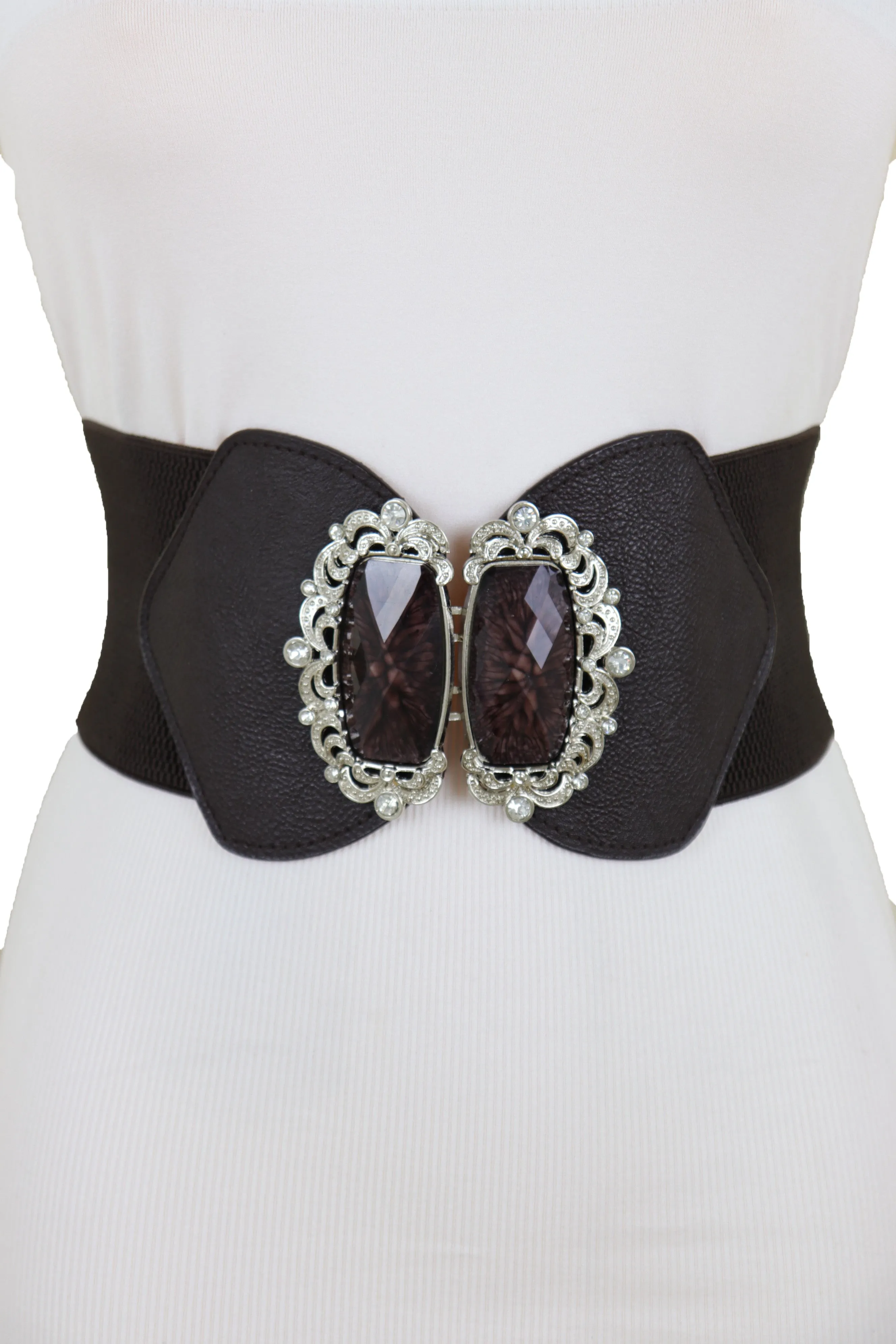 Brown Elastic Waistband Wide Belt Hip Waist Silver Bling Buckle Size S M