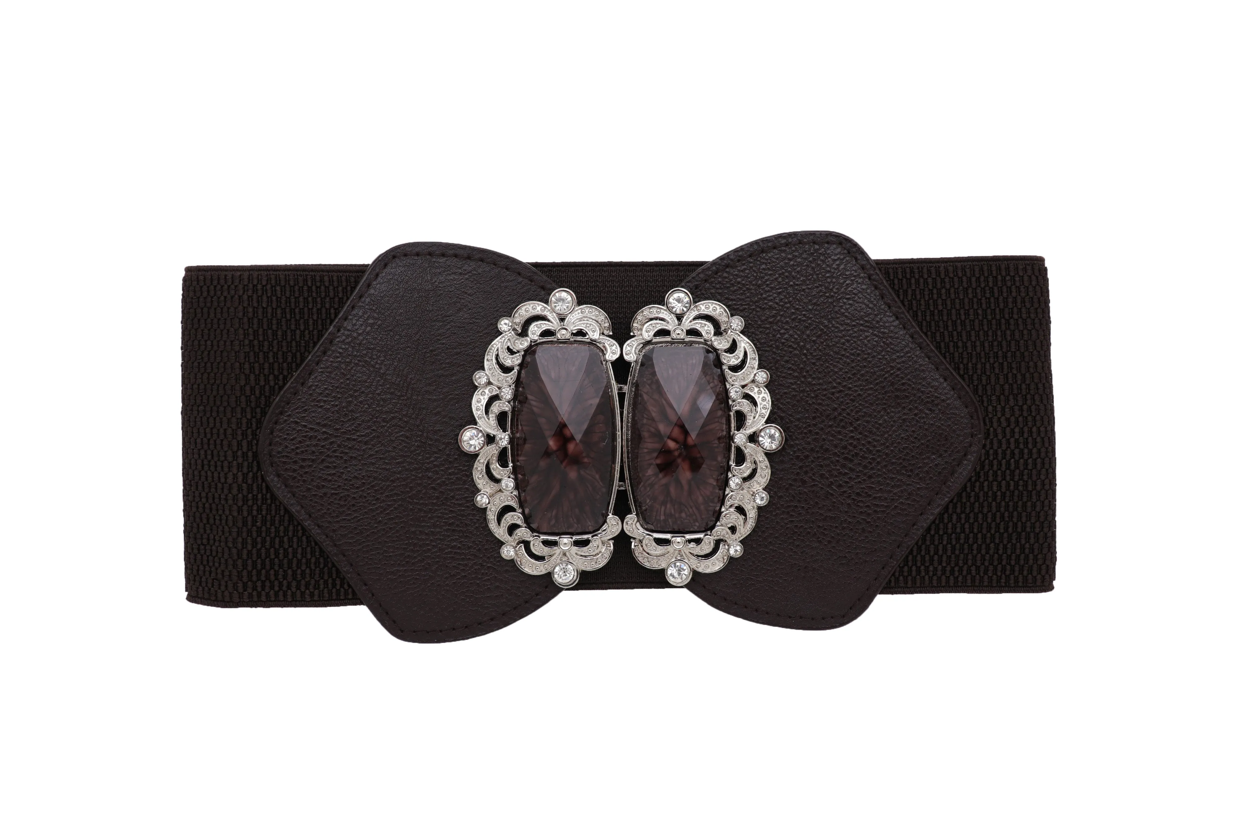 Brown Elastic Waistband Wide Belt Hip Waist Silver Bling Buckle Size S M