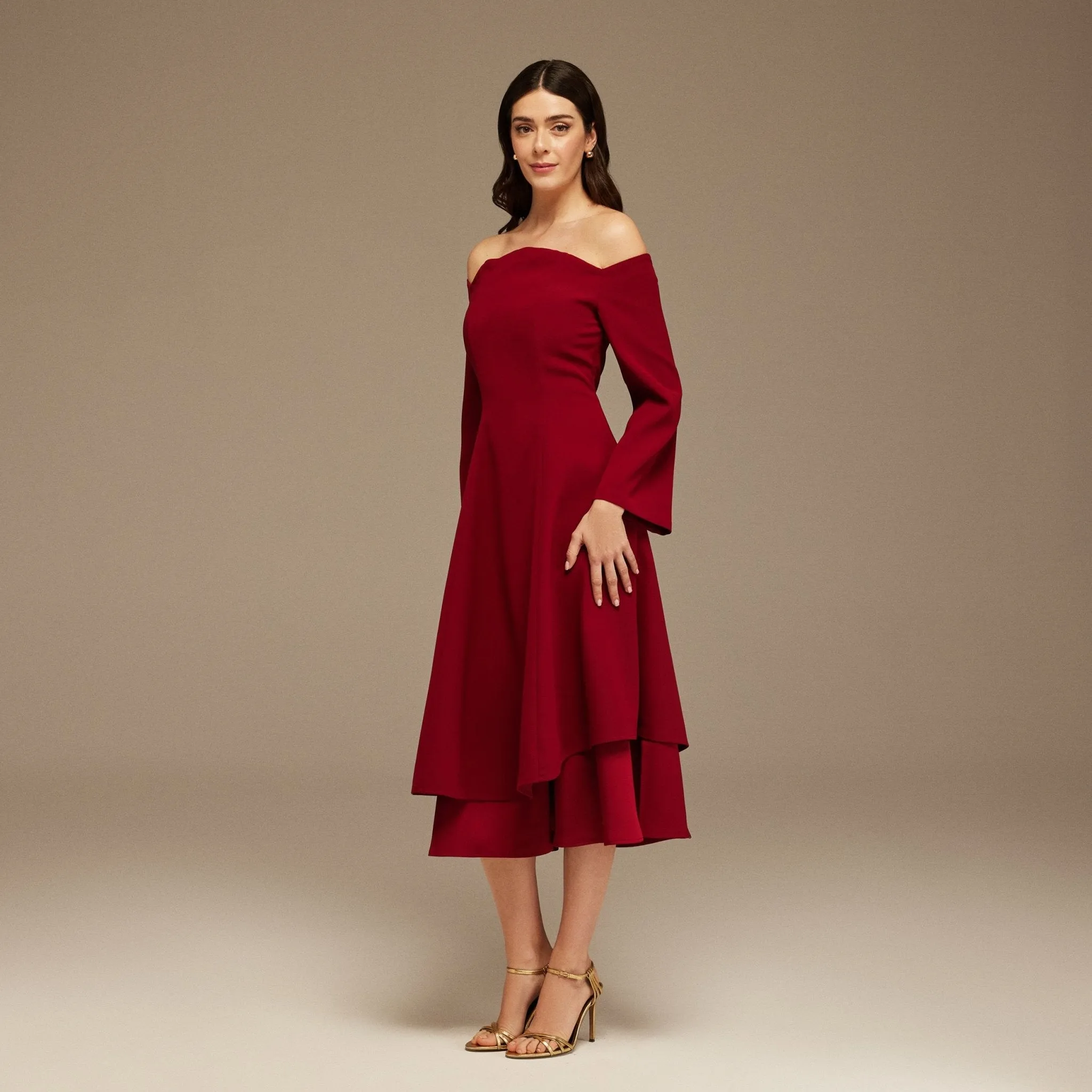 Burgundy Off-Shoulder Midi Dress