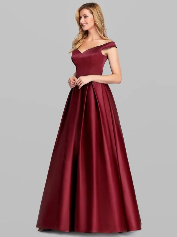 Burgundy Prom Dress Satin Fabric Off-The-Shoulder A-Line Sleeveless Maxi Pageant Dresses