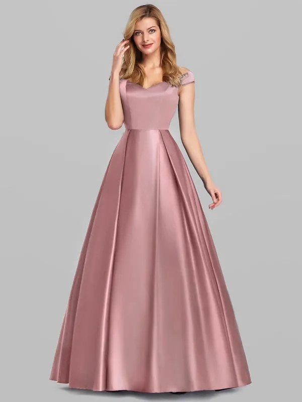 Burgundy Prom Dress Satin Fabric Off-The-Shoulder A-Line Sleeveless Maxi Pageant Dresses