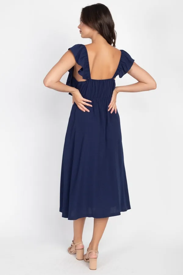 Button Front Ruffle Midi Dress