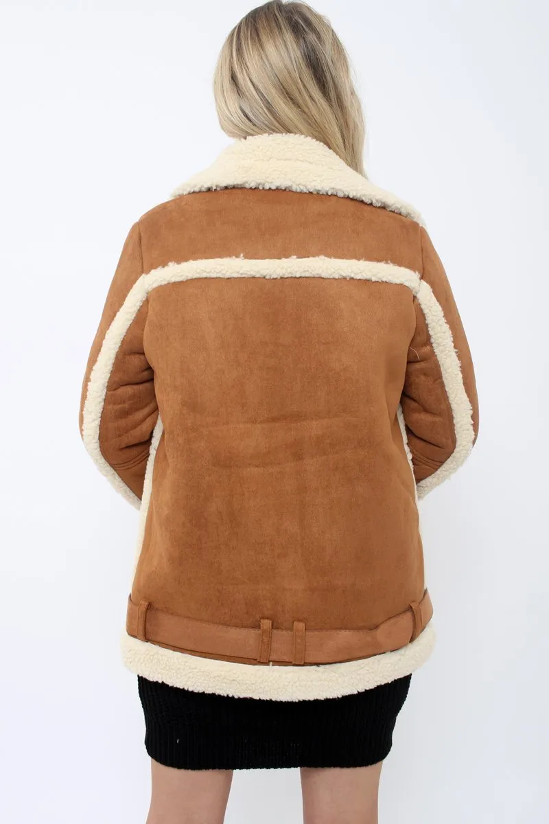 Camel Faux Shearling Coat - Scarlett