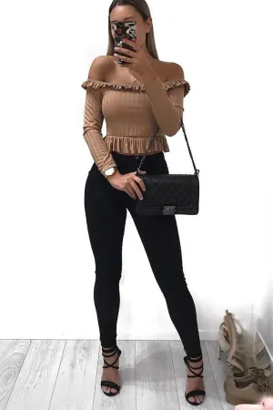 Camel Ruffle Hem Ribbed Bardot Crop Top - Kaitlyn
