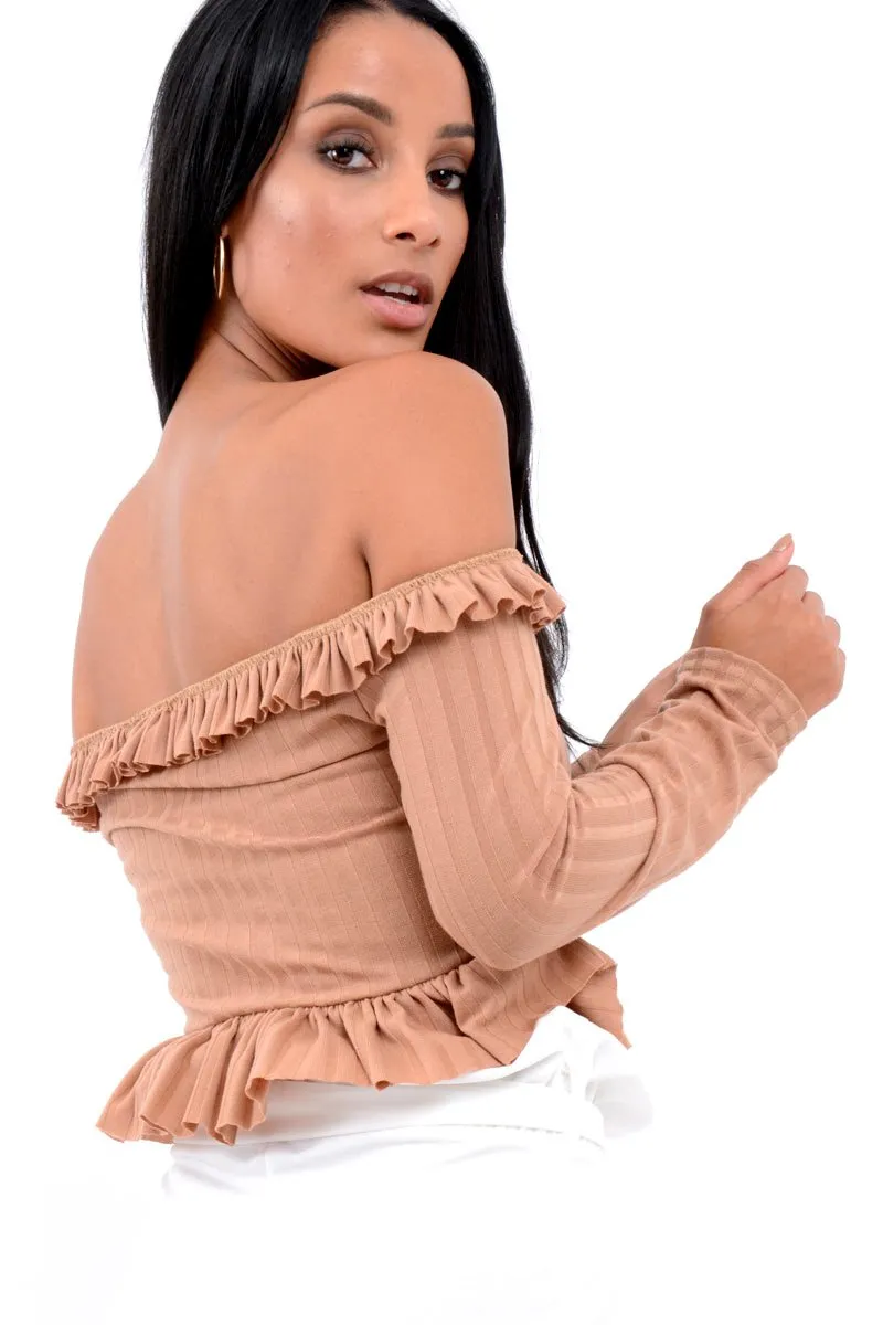 Camel Ruffle Hem Ribbed Bardot Crop Top - Kaitlyn
