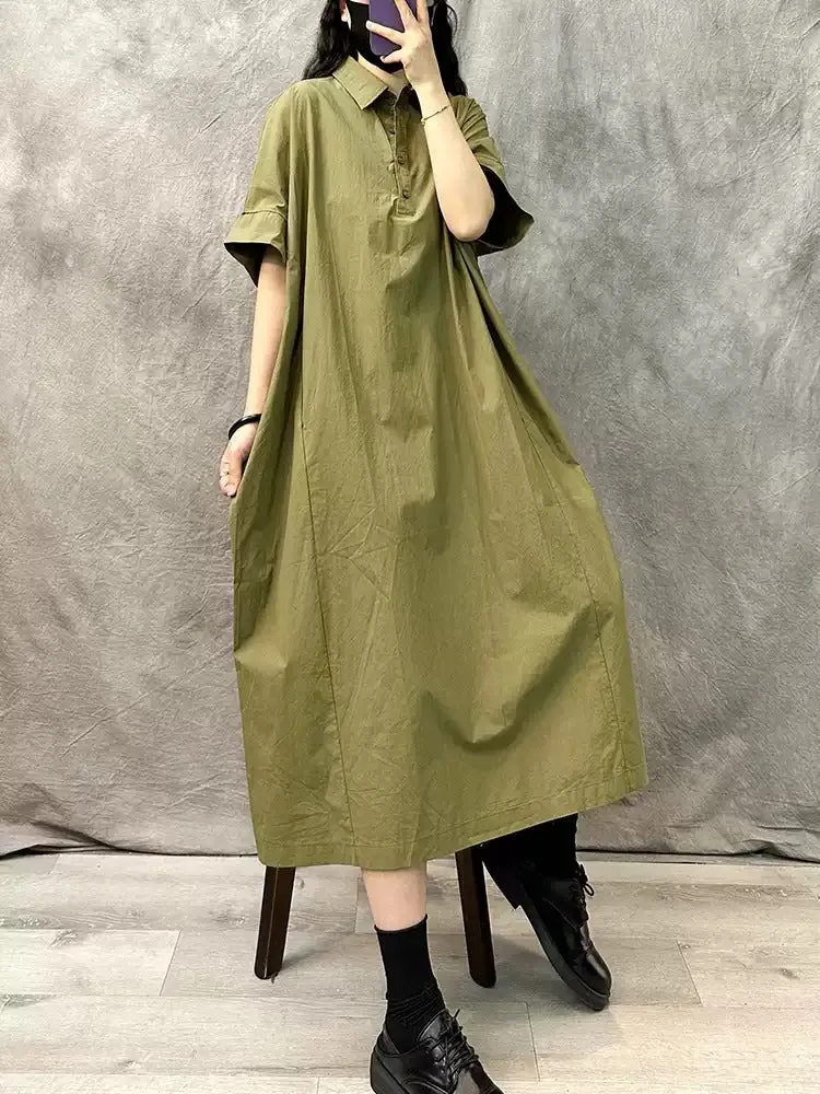 Casaul Turn-down Collar Solid Color Short Sleeve Irregular Dress