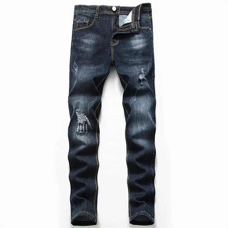 Casual Men's Ripped Jeans Mid Waist Jeans Long Pencil Pants