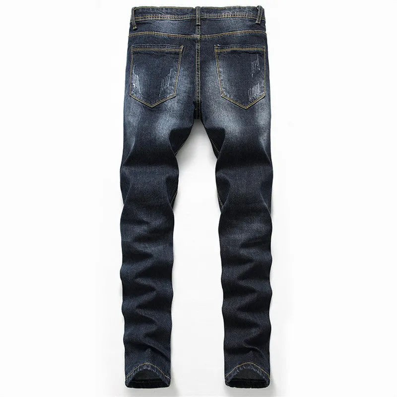 Casual Men's Ripped Jeans Mid Waist Jeans Long Pencil Pants