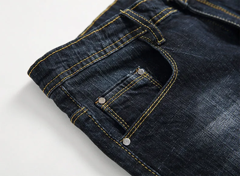 Casual Men's Ripped Jeans Mid Waist Jeans Long Pencil Pants