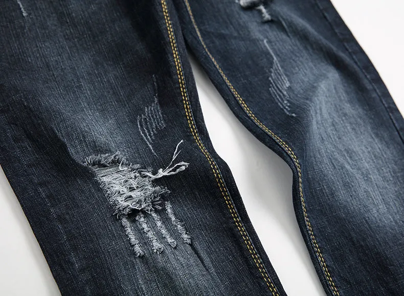 Casual Men's Ripped Jeans Mid Waist Jeans Long Pencil Pants