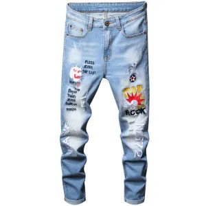 Casual Straight Pants With Embroidery Men's Ripped Jeans