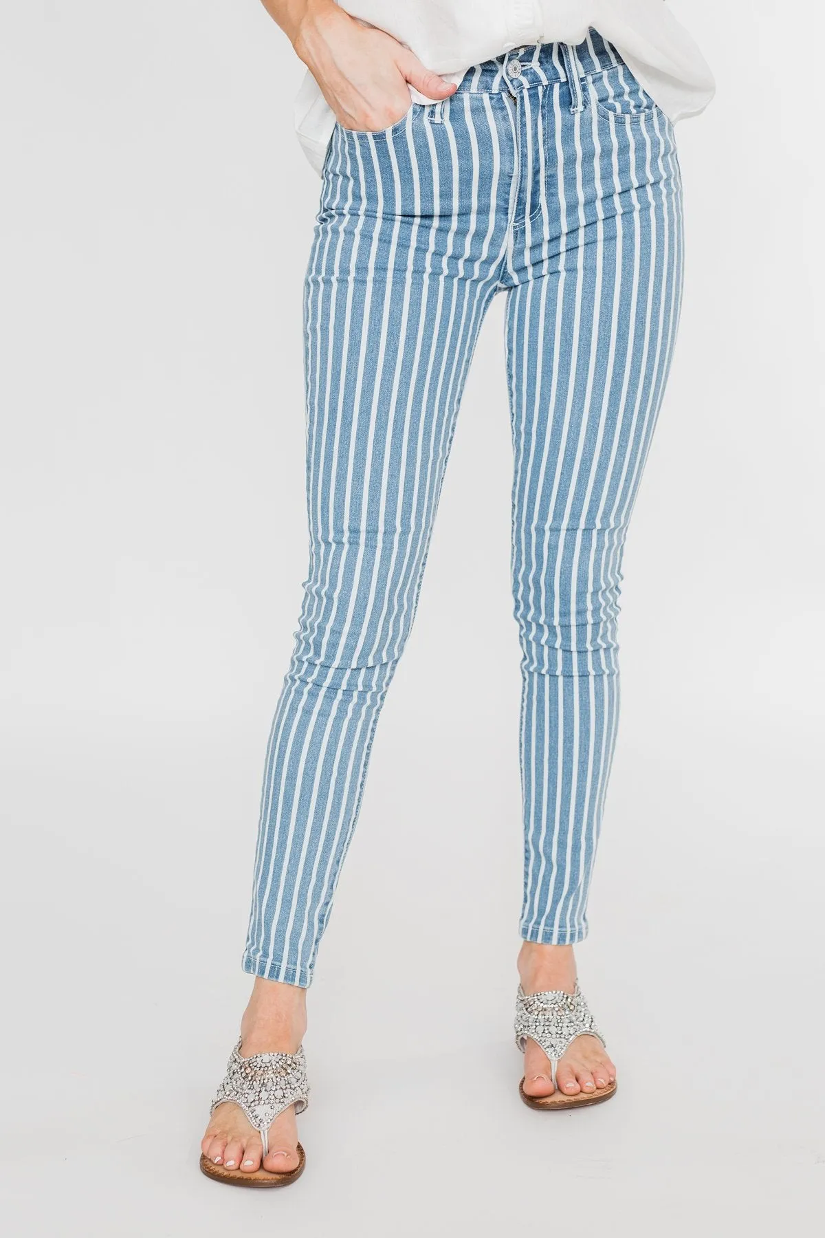 Celebrity Pink Striped Skinny Jeans- Medium Blue Wash