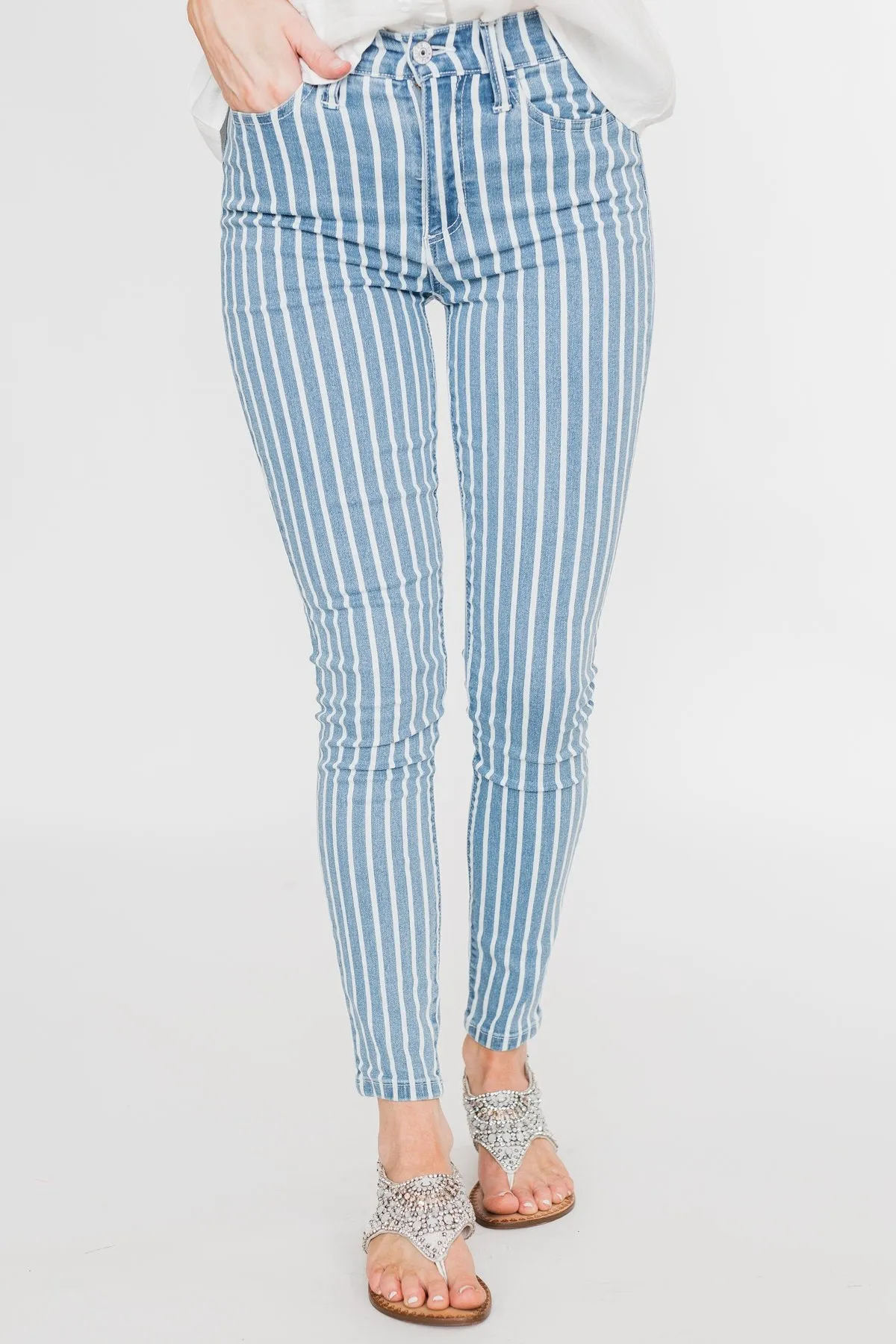 Celebrity Pink Striped Skinny Jeans- Medium Blue Wash