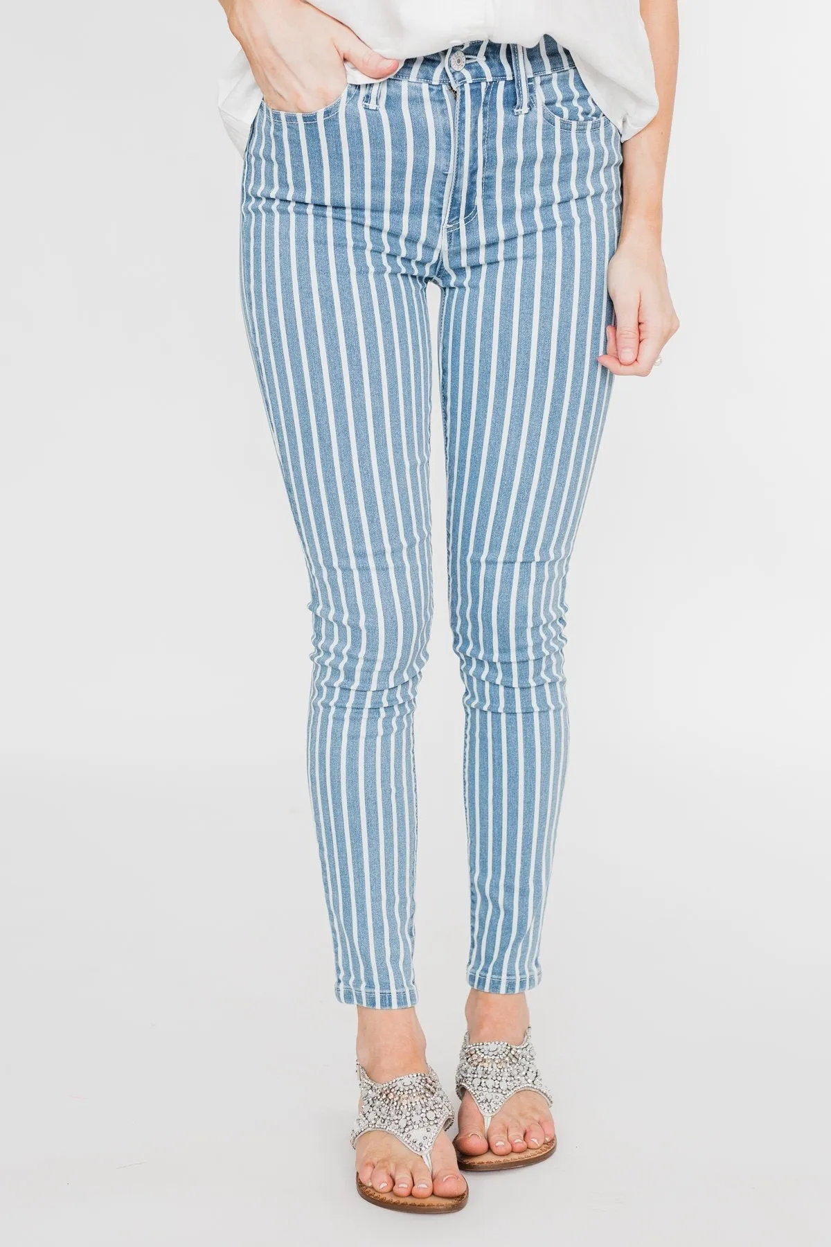 Celebrity Pink Striped Skinny Jeans- Medium Blue Wash
