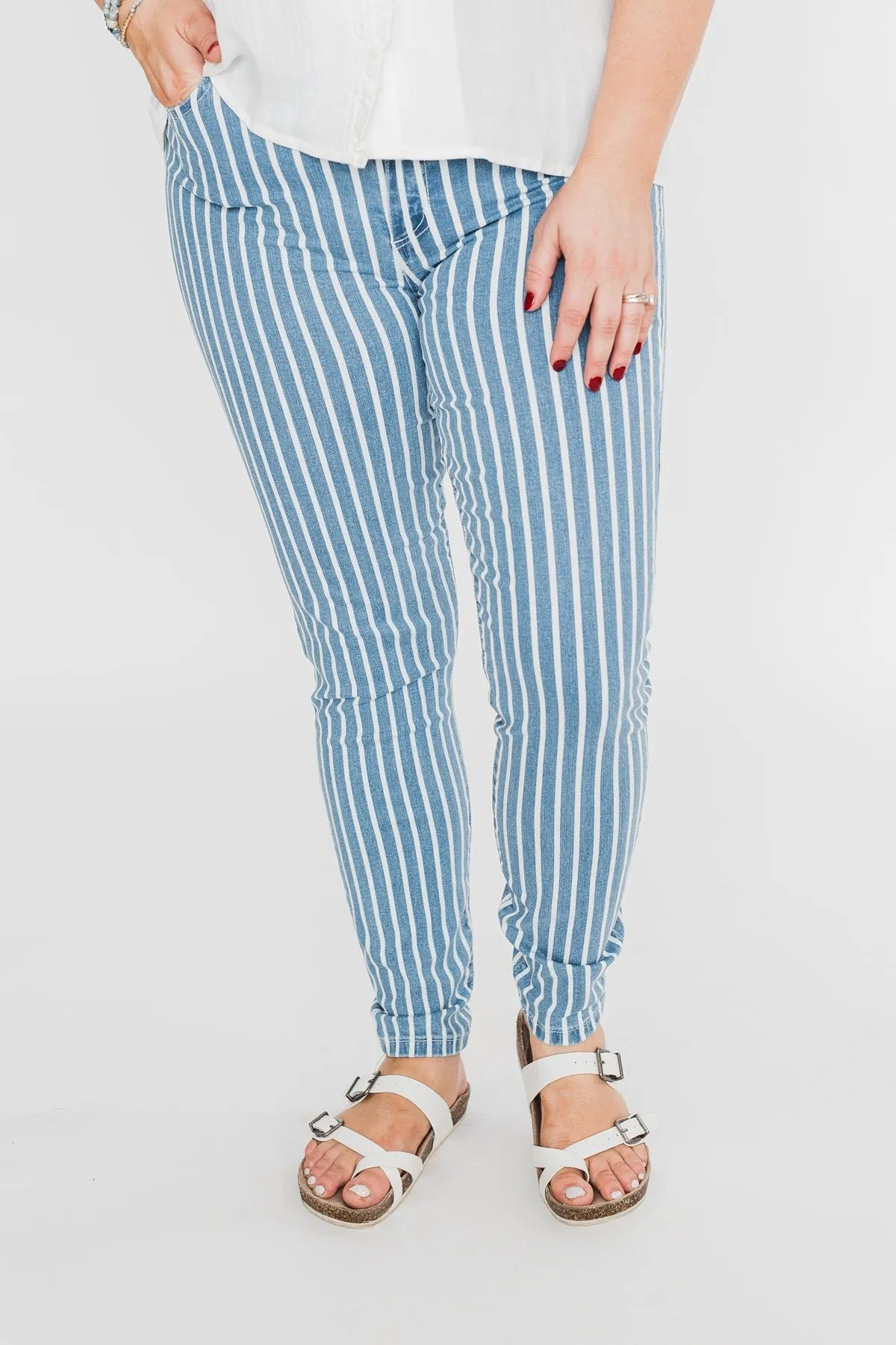 Celebrity Pink Striped Skinny Jeans- Medium Blue Wash
