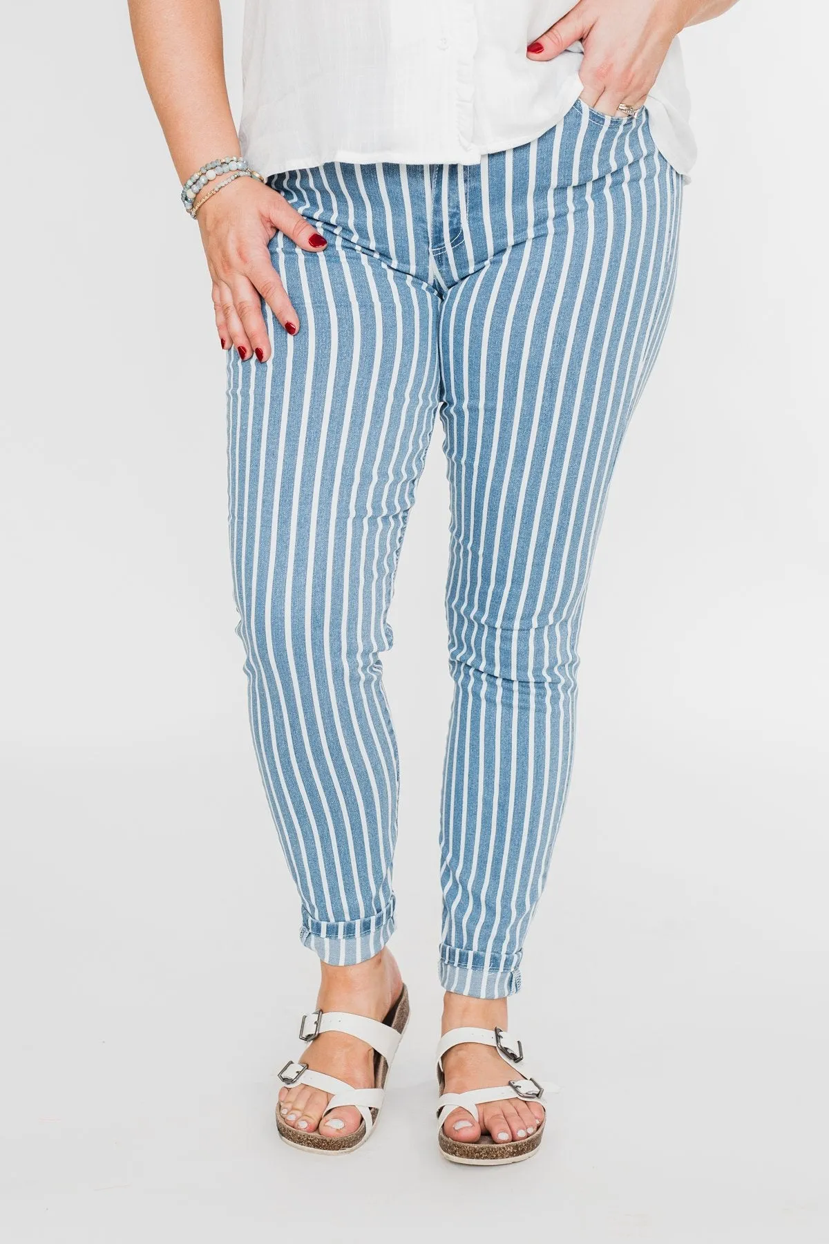 Celebrity Pink Striped Skinny Jeans- Medium Blue Wash
