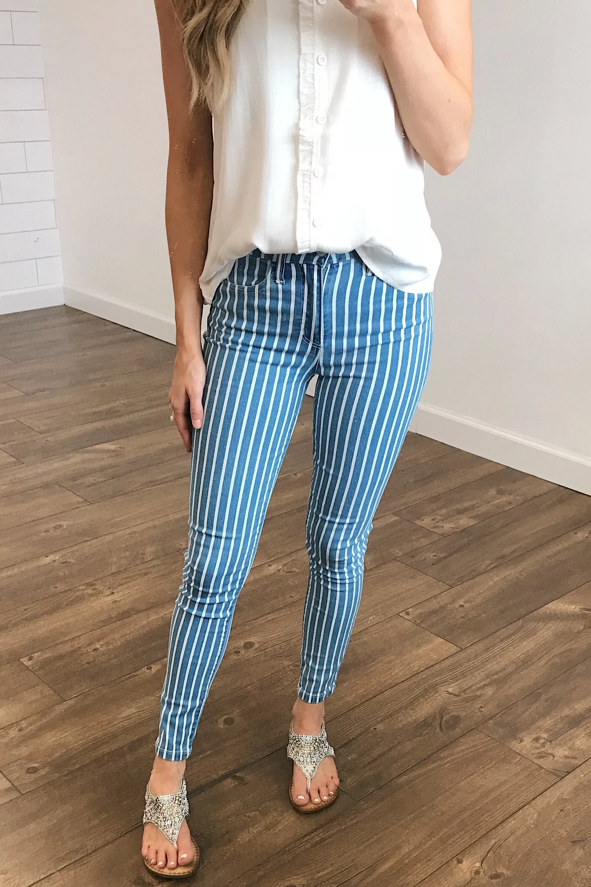 Celebrity Pink Striped Skinny Jeans- Medium Blue Wash