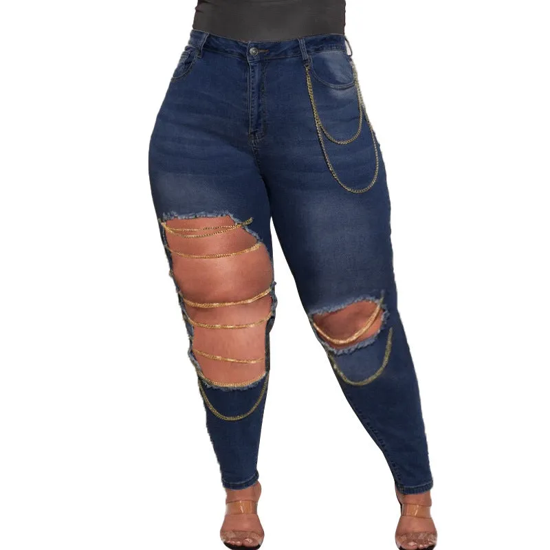 Chain Pencil Jeans Plus Size Women's Mid Waisted Ripped Jeans