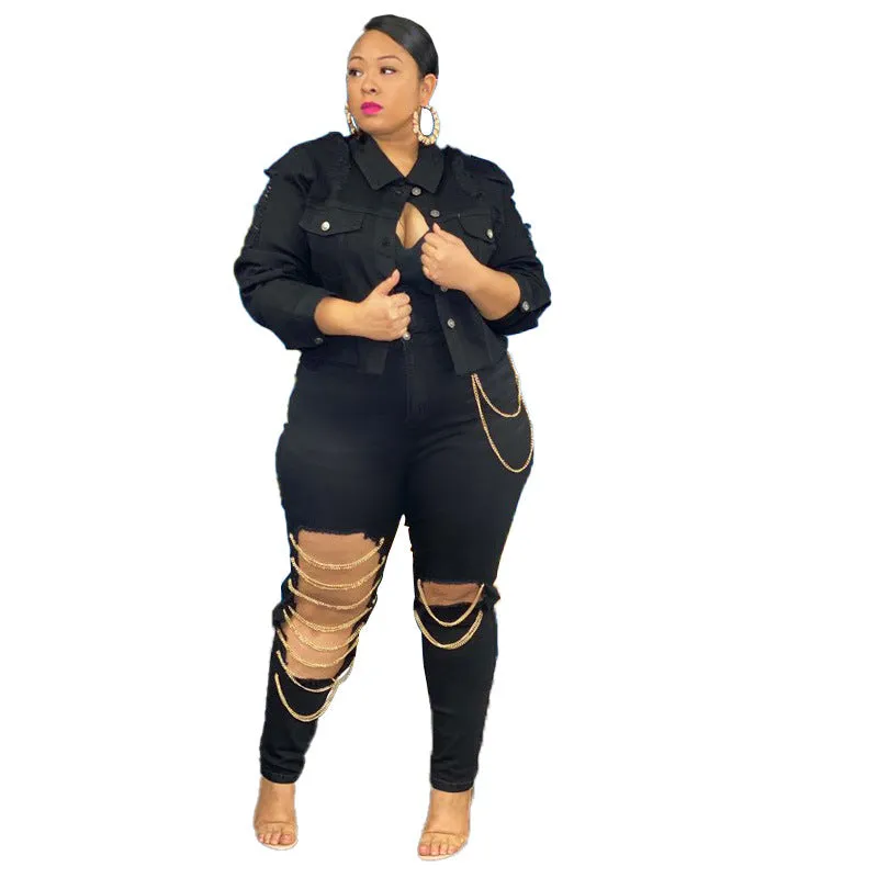 Chain Pencil Jeans Plus Size Women's Mid Waisted Ripped Jeans