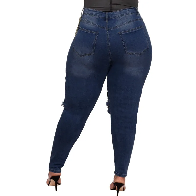 Chain Pencil Jeans Plus Size Women's Mid Waisted Ripped Jeans