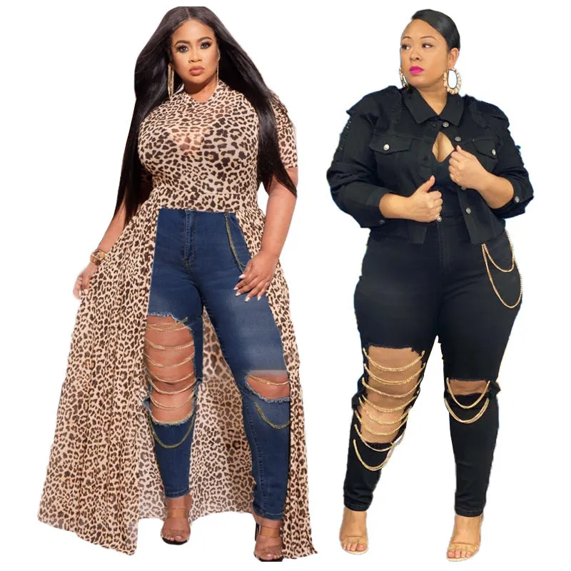 Chain Pencil Jeans Plus Size Women's Mid Waisted Ripped Jeans