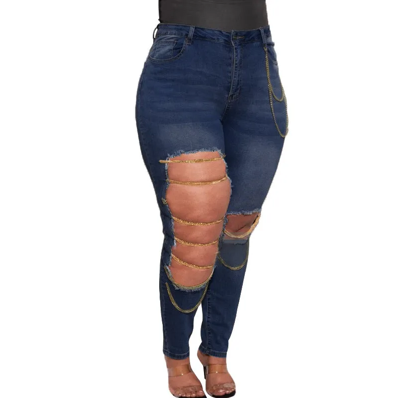 Chain Pencil Jeans Plus Size Women's Mid Waisted Ripped Jeans