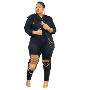 Chain Pencil Jeans Plus Size Women's Mid Waisted Ripped Jeans