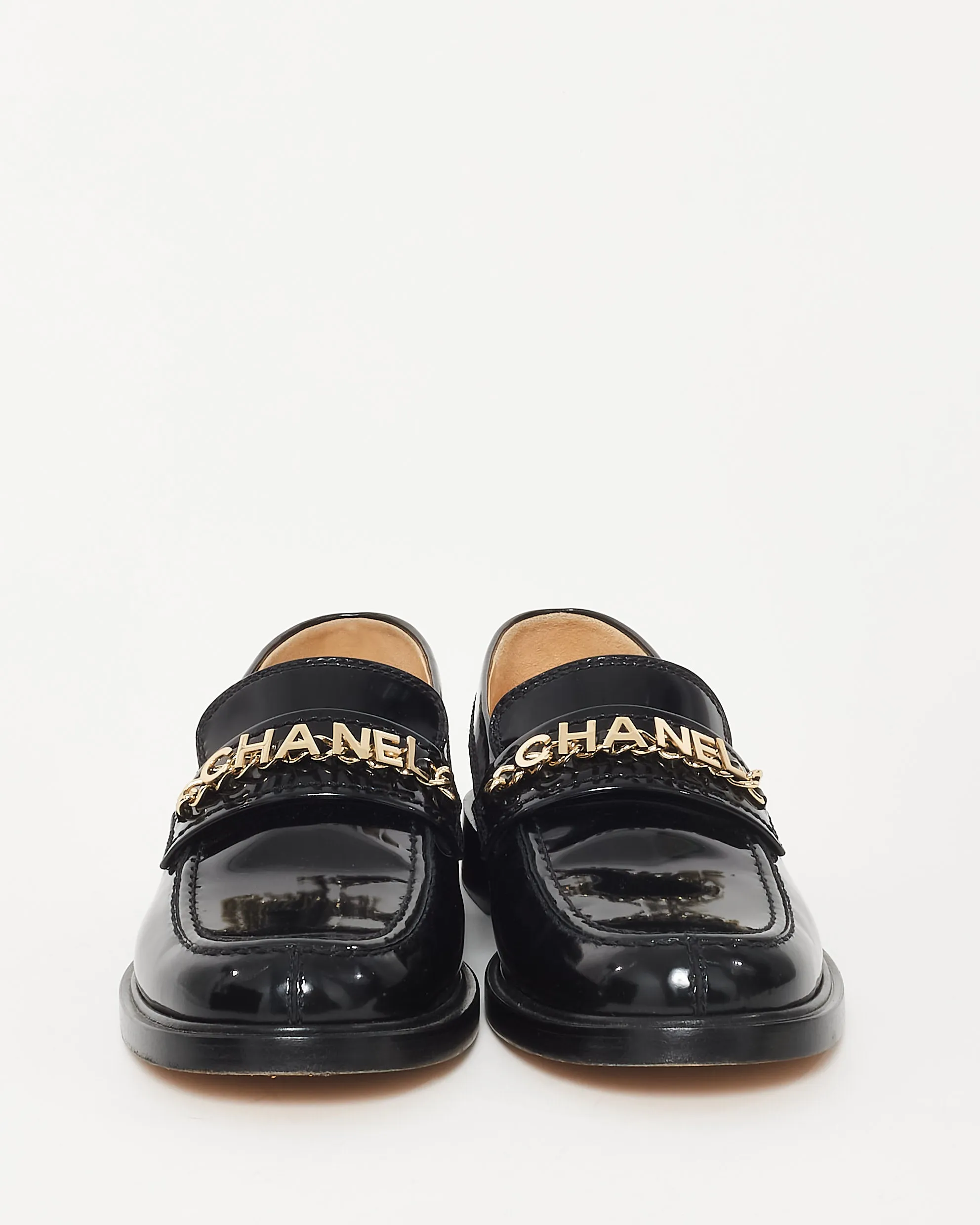 Chanel Black Patent Leather Chain 'CHANEL' loafers - 39.5C