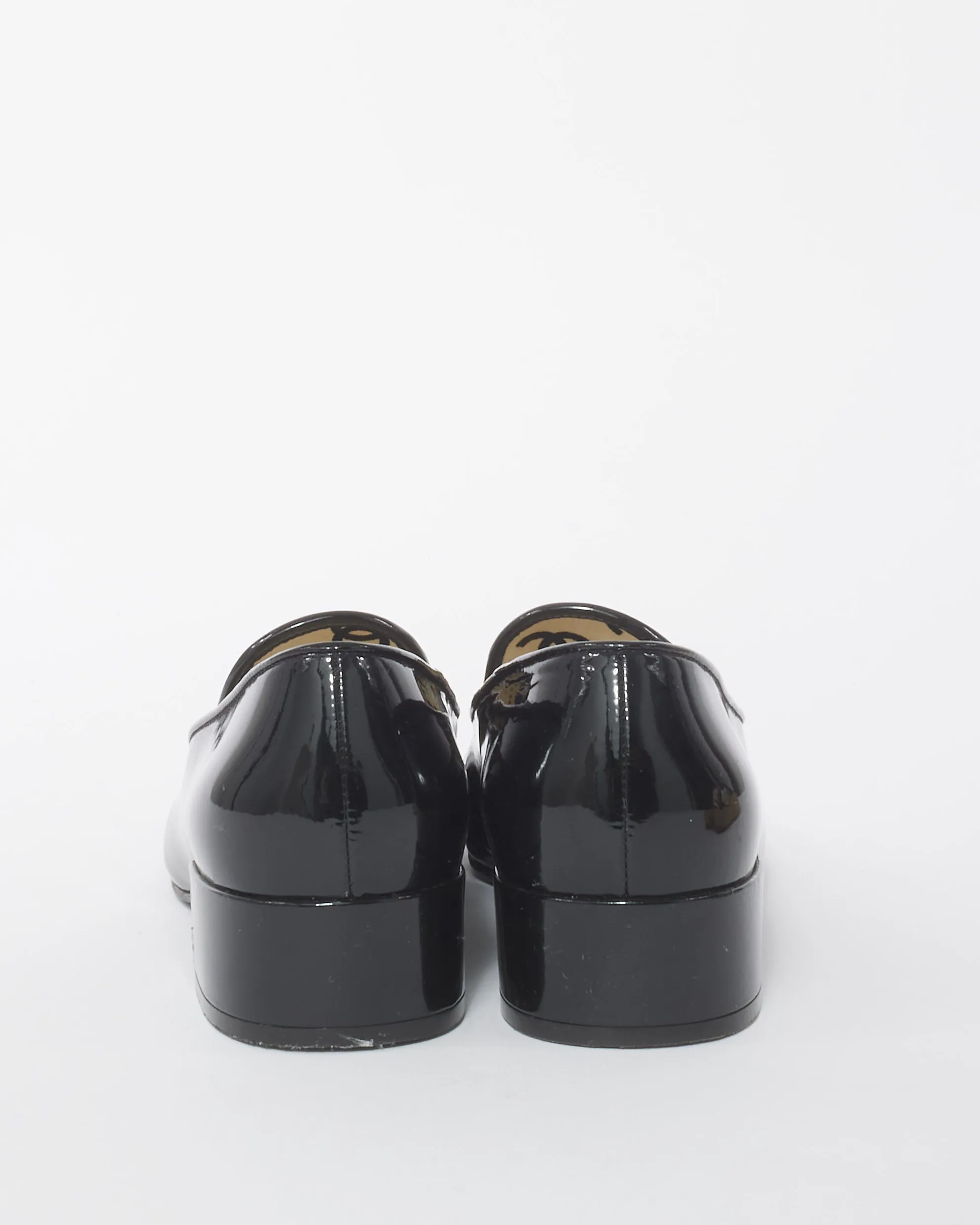 Chanel Black Patent Leather Interlocking CC Block Heel Loafers - 37.5