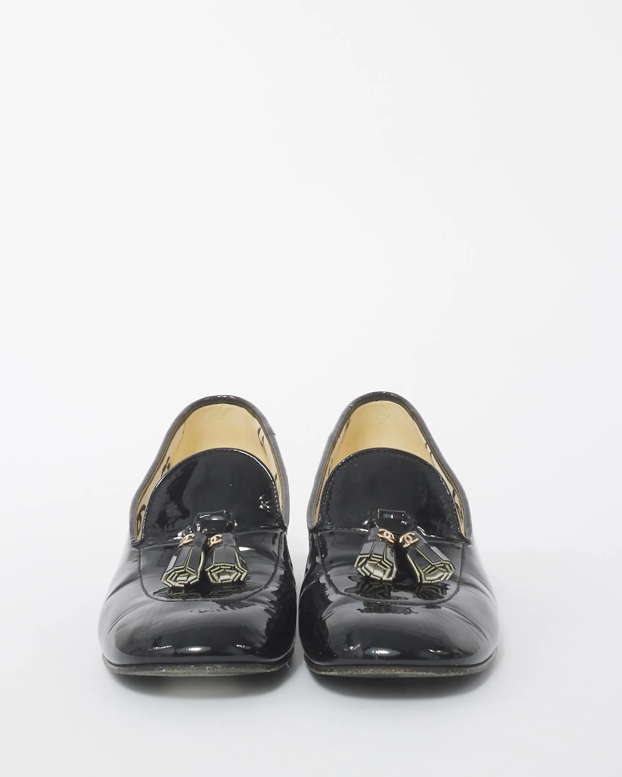 Chanel Black Patent Leather Interlocking CC Block Heel Loafers - 37.5