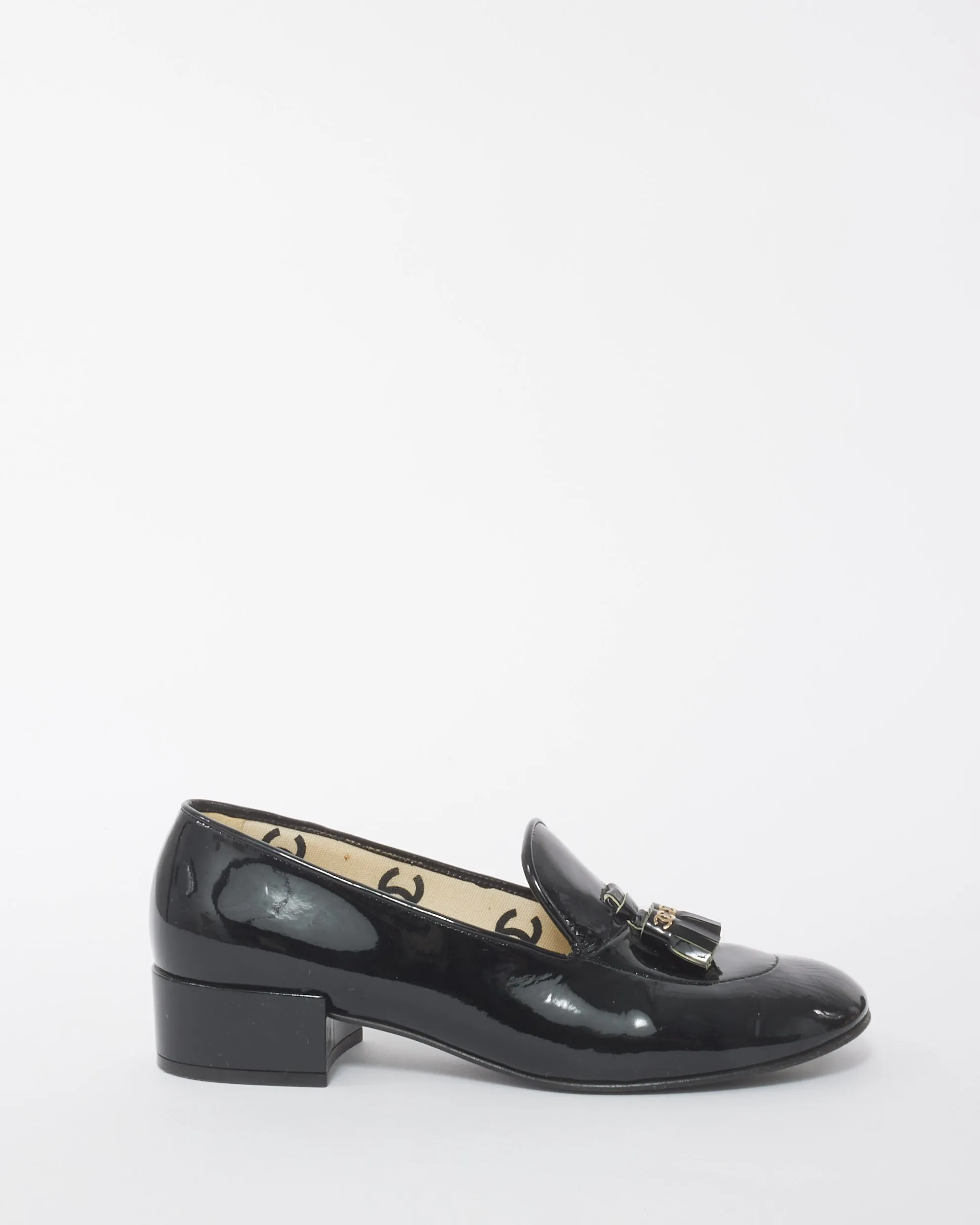 Chanel Black Patent Leather Interlocking CC Block Heel Loafers - 37.5