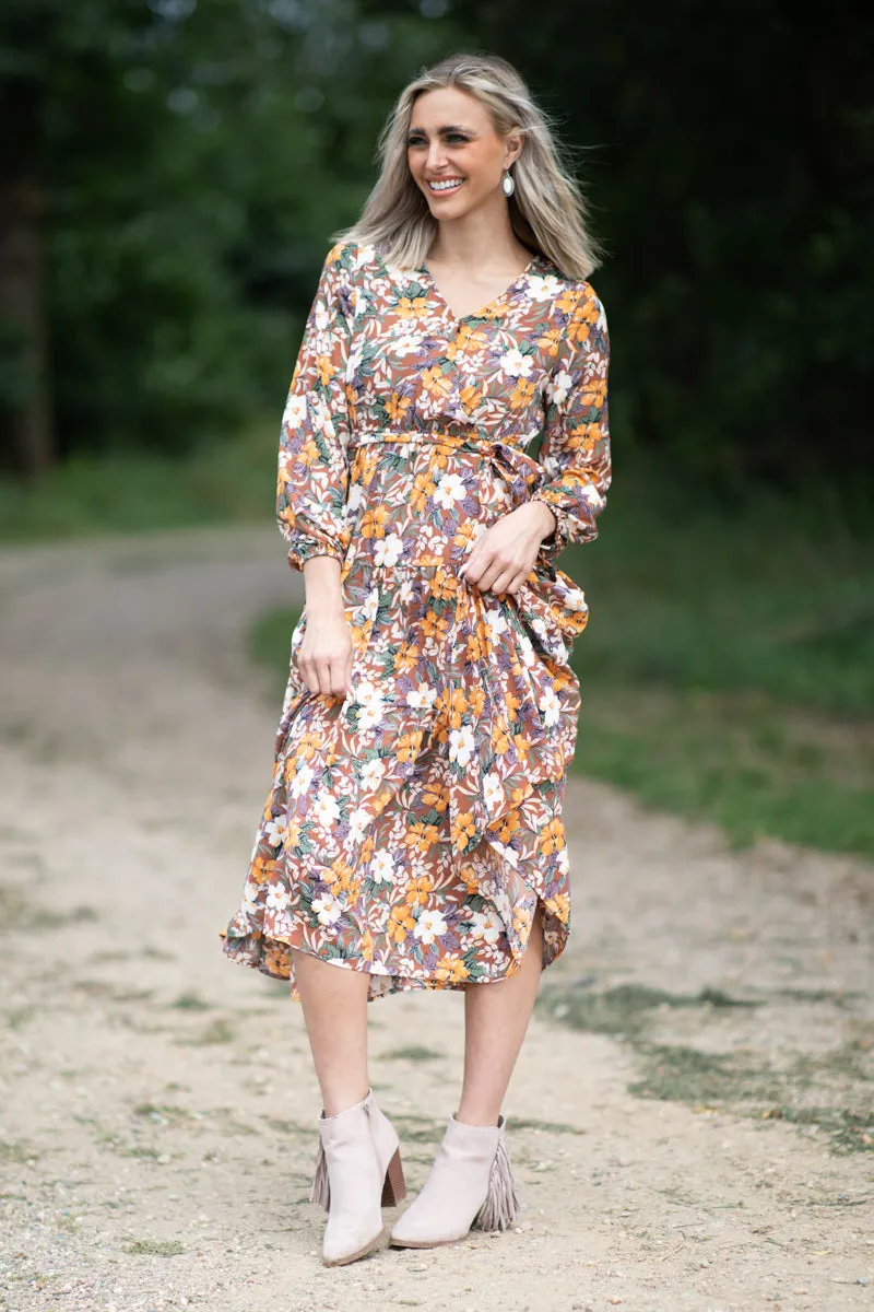Chestnut and Orange Floral Tie Waist Maxi Dress