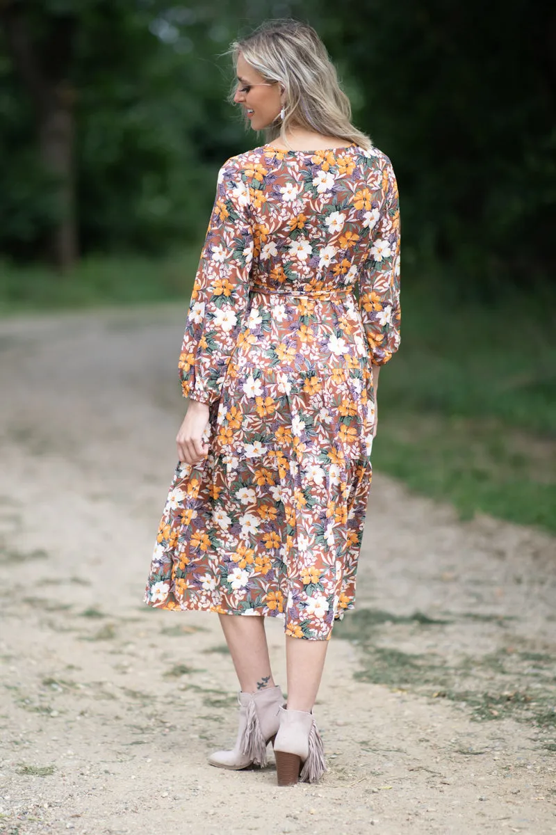 Chestnut and Orange Floral Tie Waist Maxi Dress