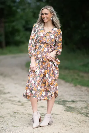 Chestnut and Orange Floral Tie Waist Maxi Dress