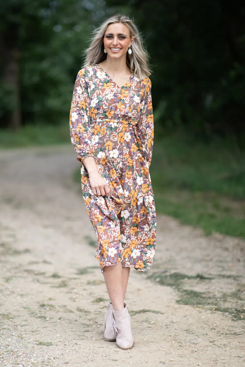 Chestnut and Orange Floral Tie Waist Maxi Dress