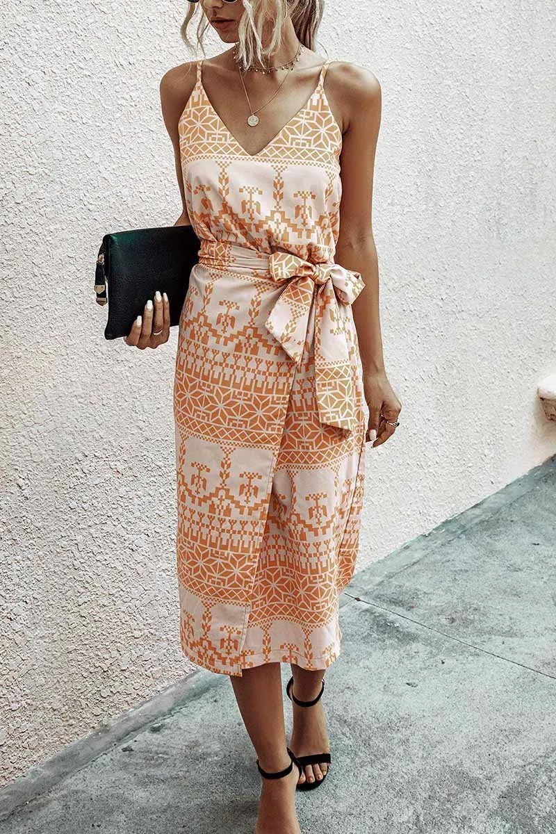 Chicindress V Neck Print Midi Dress With Belts(4 Colors)
