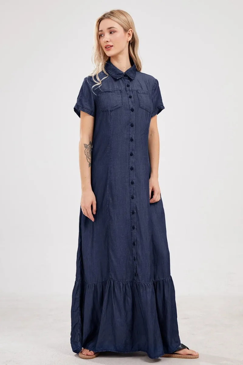 Chouyatou Womens Short Sleeve Denim Maxi Dress Casual Loose Fit Button Down Long Jean Dresses