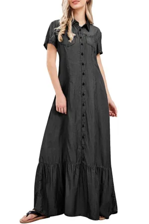 Chouyatou Womens Short Sleeve Denim Maxi Dress Casual Loose Fit Button Down Long Jean Dresses