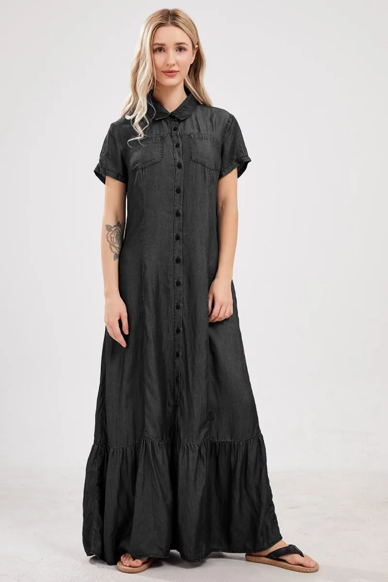 Chouyatou Womens Short Sleeve Denim Maxi Dress Casual Loose Fit Button Down Long Jean Dresses