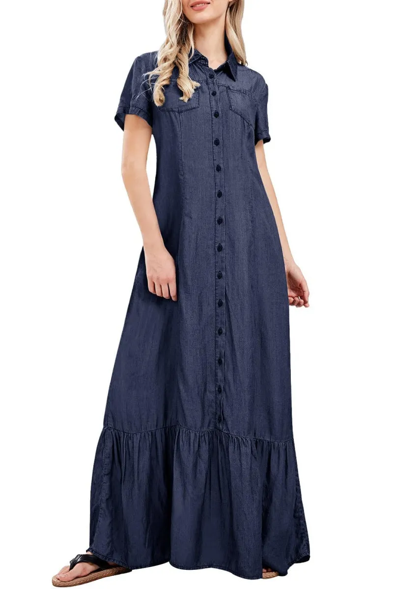 Chouyatou Womens Short Sleeve Denim Maxi Dress Casual Loose Fit Button Down Long Jean Dresses