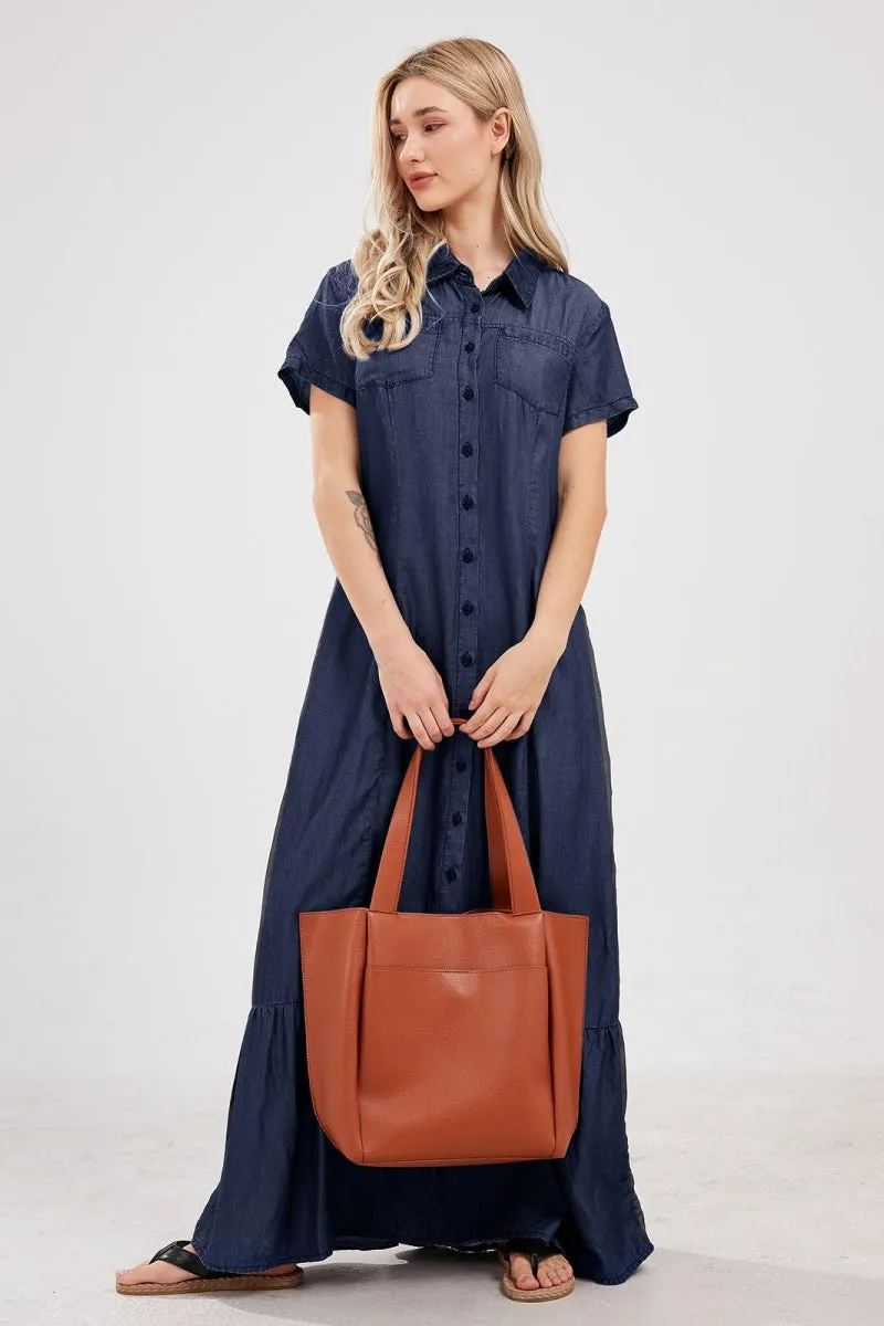 Chouyatou Womens Short Sleeve Denim Maxi Dress Casual Loose Fit Button Down Long Jean Dresses